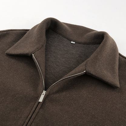 Women Brown Lapel Wool Coat Cropped Loose Fit Zipper Jacket