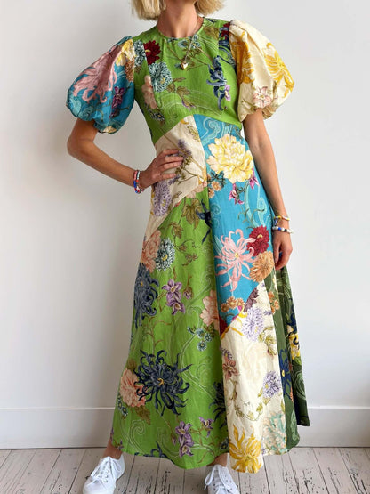 Floral patchwork linen women summer dress