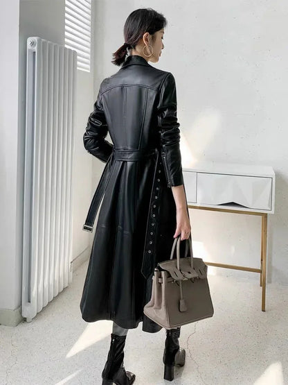 Women long leather trench motorcycle coat - Boho Living Room