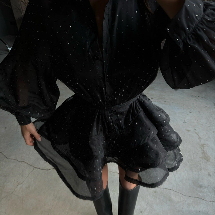 Black sheer sparkle tiered mini dress