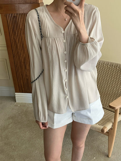 Women's Button Front Puff Sleeve Blouse
