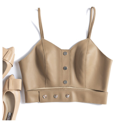 Leather Camisole Vest Cropped Corset Top with Snap Belt