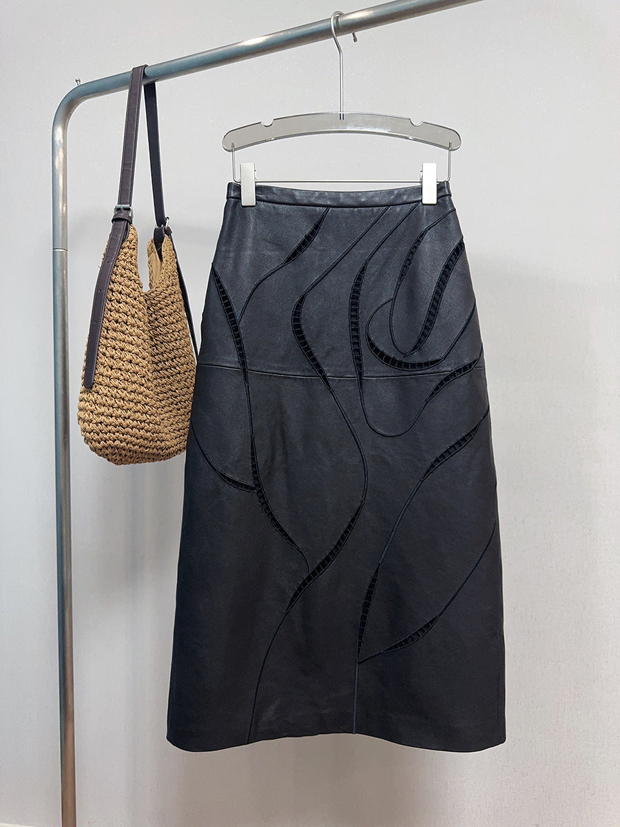 Women’s Leather Maxi Skirt with Embroidered Hollow Detailing