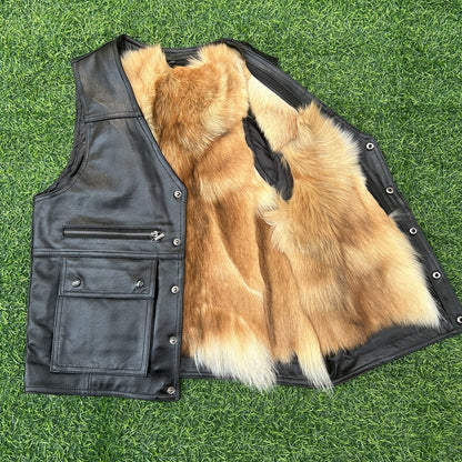 Men’s Leather Vest with Warm Lining and Multiple Utility Pockets