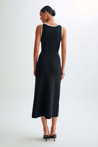 Black Contrast Trim Sleeveless Button Knit Dress