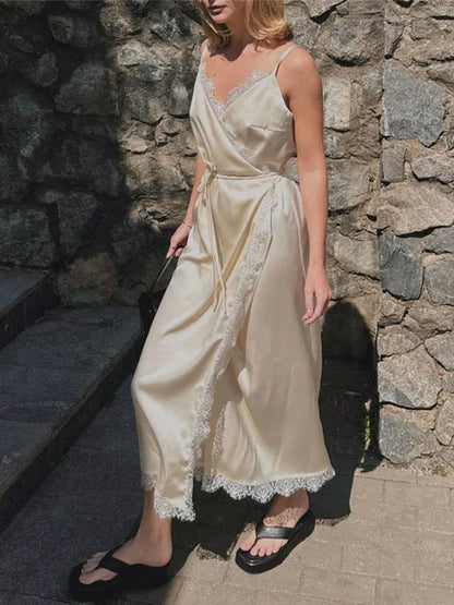 new satin lace wrap midi dress