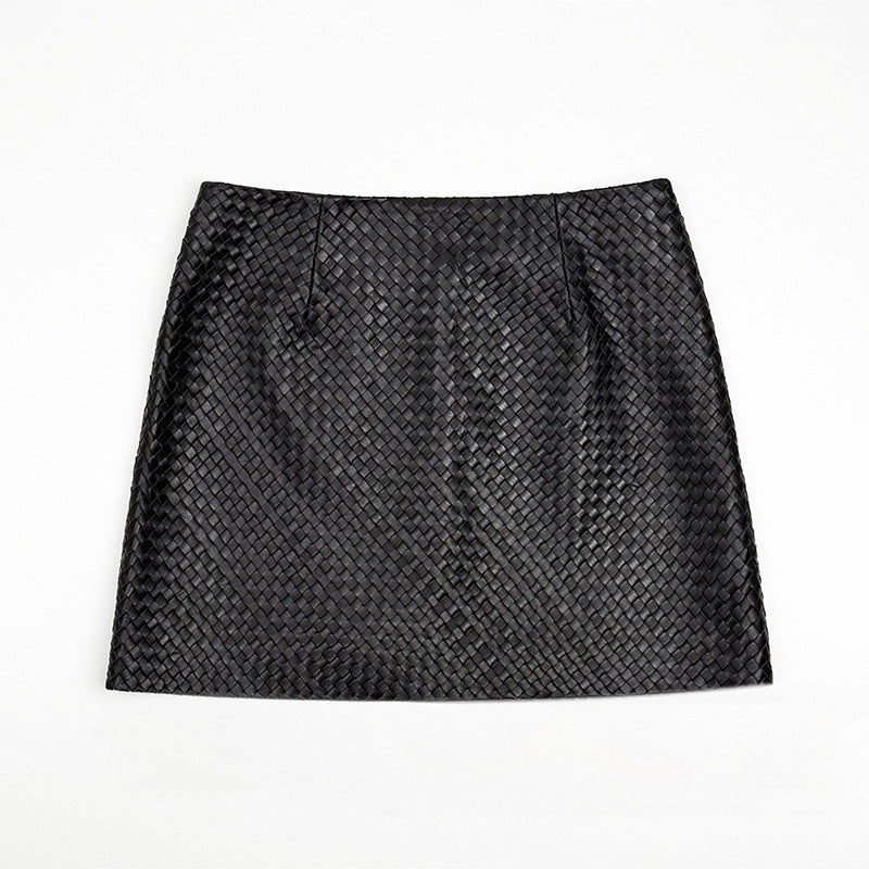 Genuine Black Leather Mini Skirt High Waisted Woven A-Line