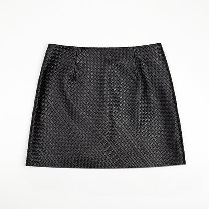 Genuine Black Leather Mini Skirt High Waisted Woven A-Line