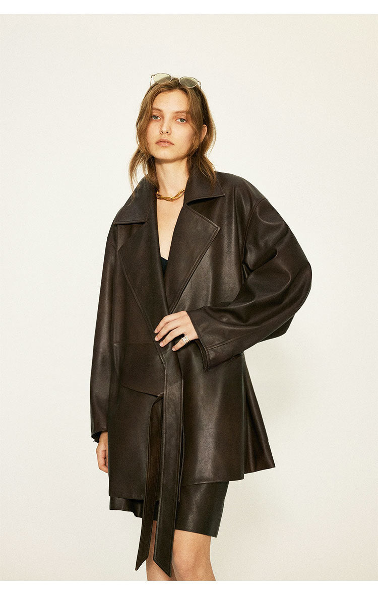 Women’s Oversized Leather Bomber Jacket Moto Trench Coat