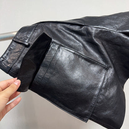 High Waisted Black Genuine Leather Shorts with Front Pockets