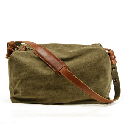 Canvas Shoulder Bag with Washed Finish and Cowhide Leather Strap