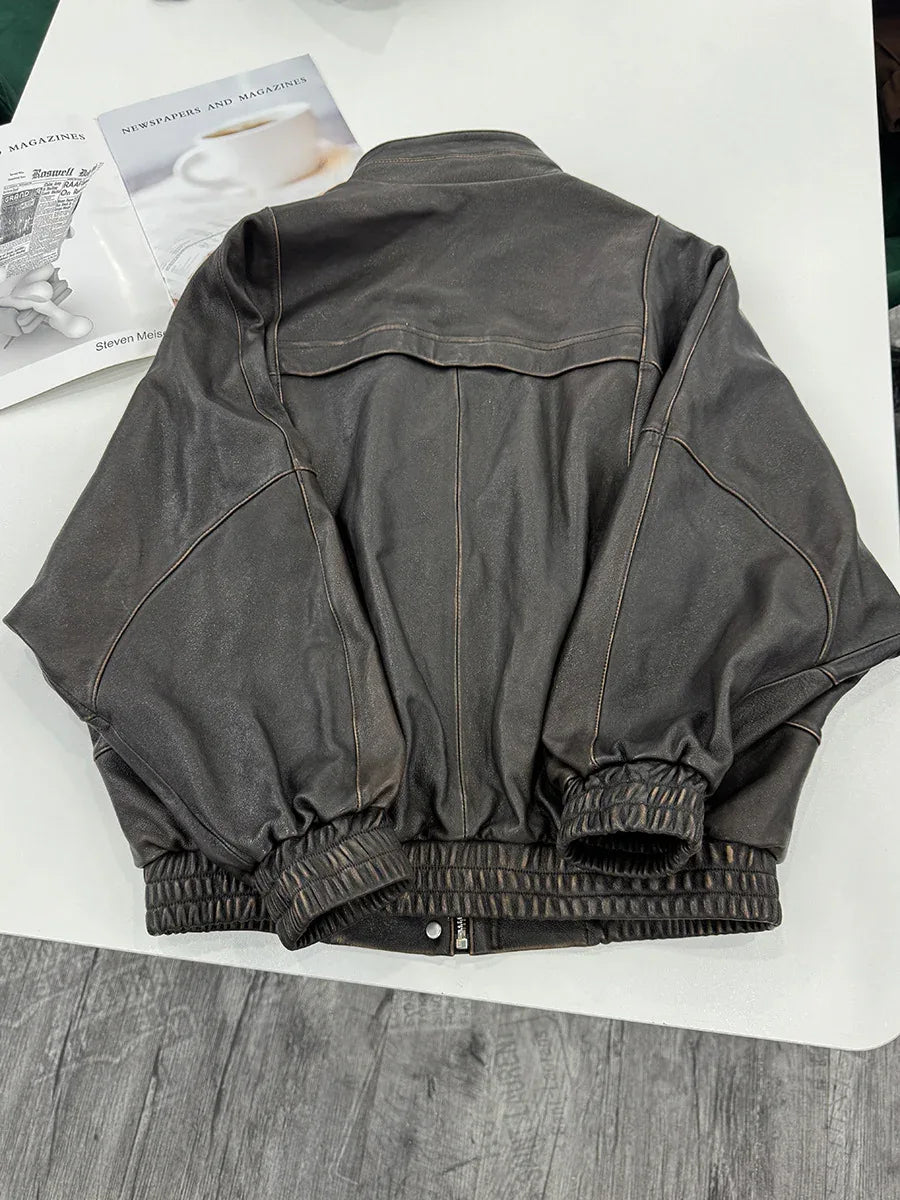 Women oversized vintage sheepskin leather jacket