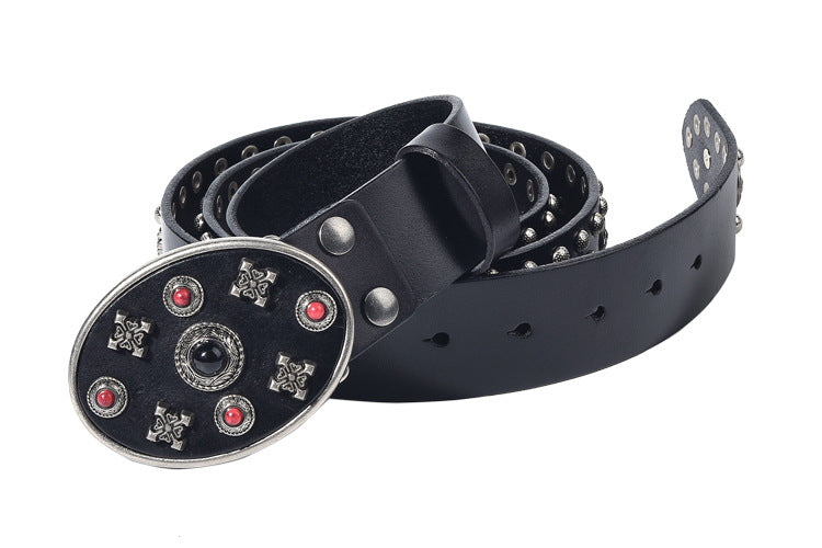Black Leather Biker Belt with Rivets for Men and Women