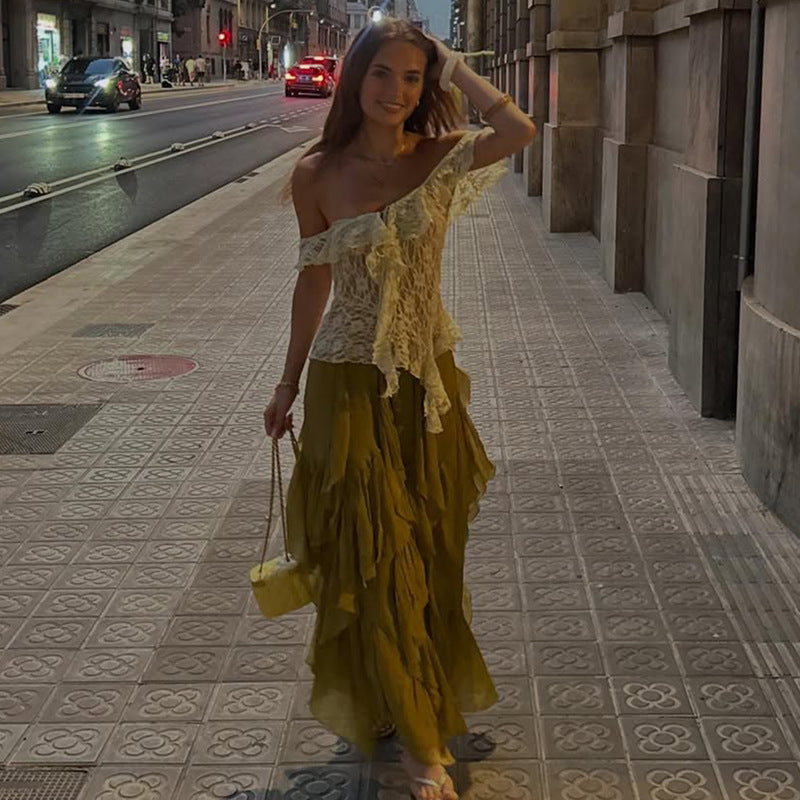 Lace-Up One Shoulder Top for Women Ruffle Ribbon Blouse