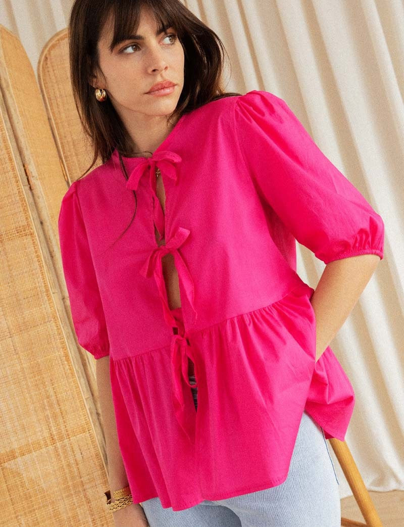 Women Puff Sleeve Bow Button Top Vintage Ruffle Hem Summer Blouse