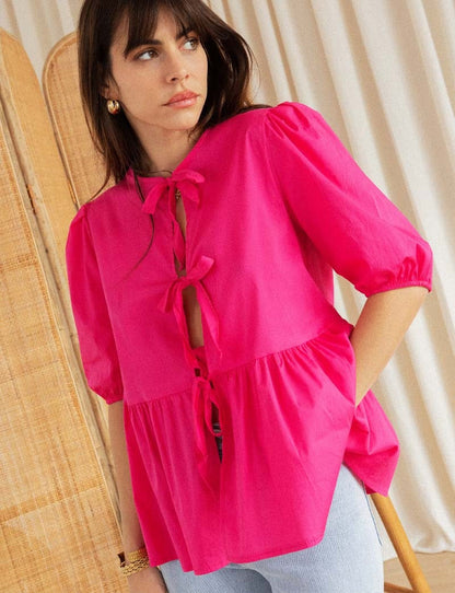Women Puff Sleeve Bow Button Top Vintage Ruffle Hem Summer Blouse