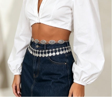Waist Chain with Antique Silver Coin Tassels for Women