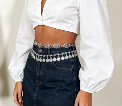 Waist Chain with Antique Silver Coin Tassels for Women