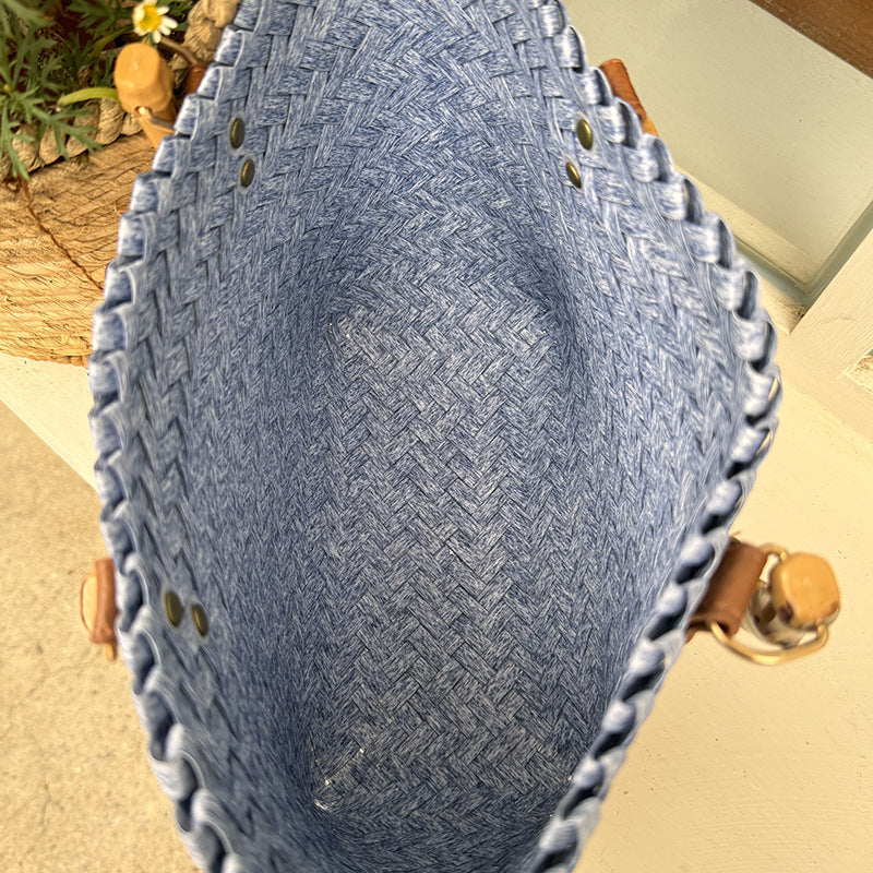 Woven Summer Tote Bag With Bamboo Handle
