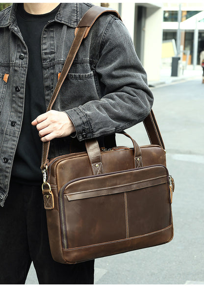 Genuine Leather Laptop Office Bag Briefcase with Trolley Sleeve