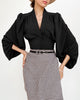Women’s V-Neck Lantern Sleeve Blouse with Fitted Waist and Button Detail