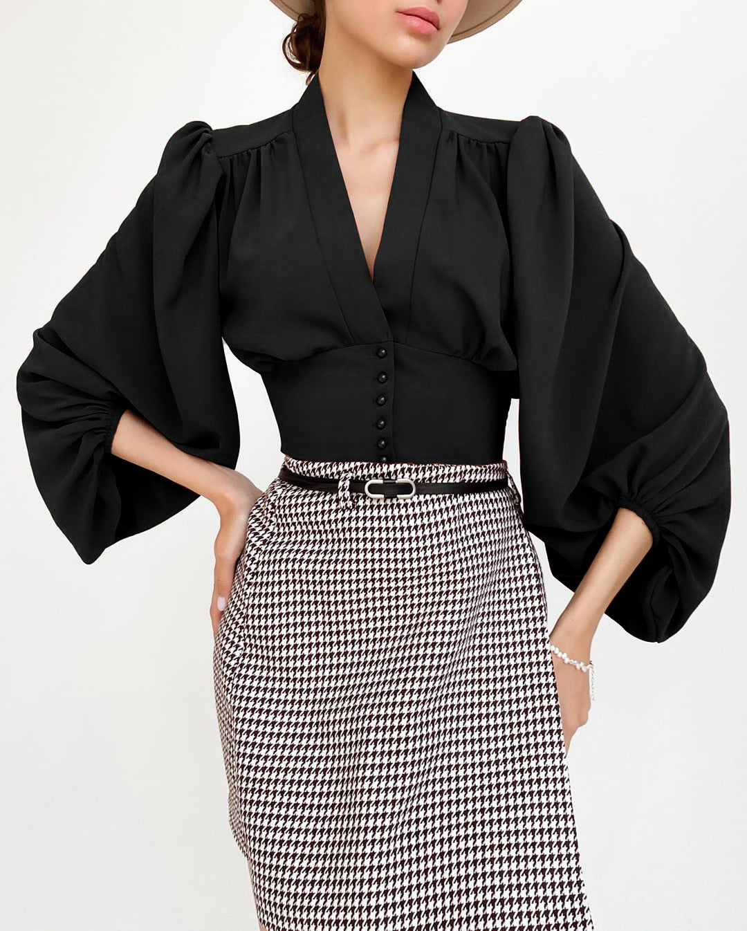 Women’s V-Neck Lantern Sleeve Blouse with Fitted Waist and Button Detail