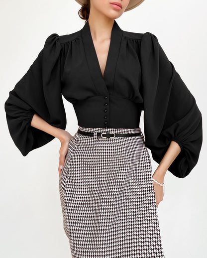 Women’s V-Neck Lantern Sleeve Blouse with Fitted Waist and Button Detail