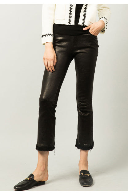 Women’s Leather Capri Pants Cropped Flared with Tassel Hem