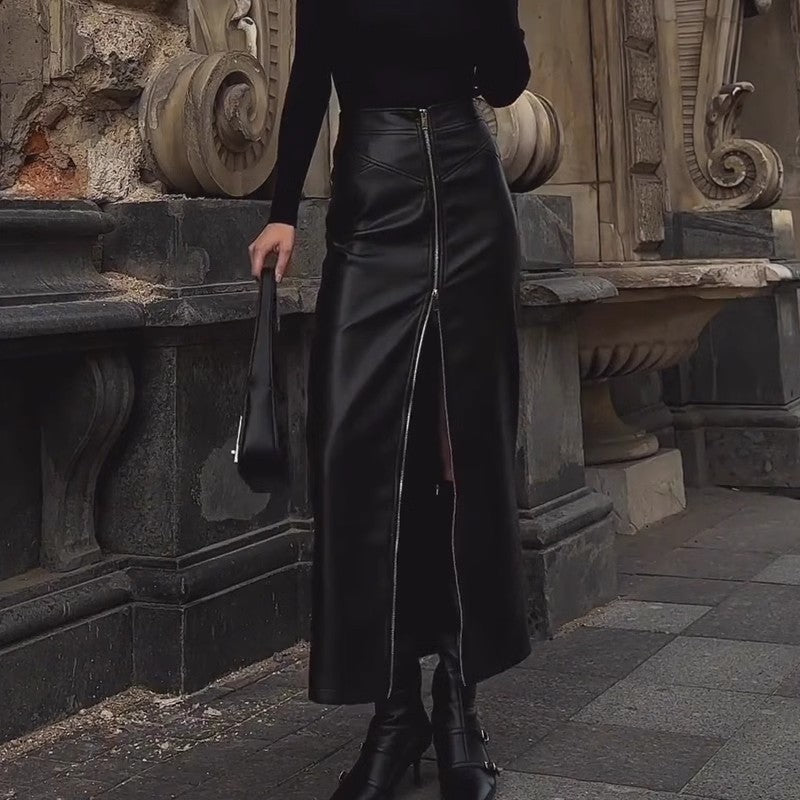 Black Leather Pencil Skirt with High Slit
