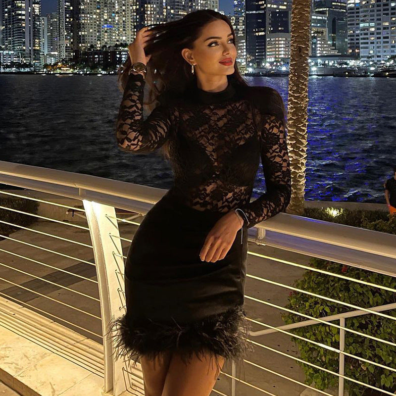 Black lace bodycon mini dress with feather hem