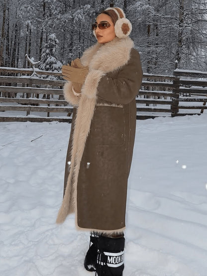 Women Reversible Faux Fur Long Coat Shearling Effect Winter Coat