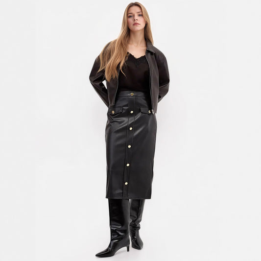 Black Faux Leather Pencil Skirt With Gold Buttons