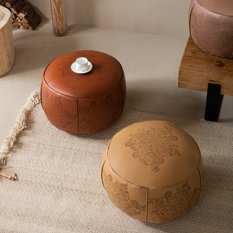 Round Faux Leather Pouf Ottoman with Moroccan Embossed Print