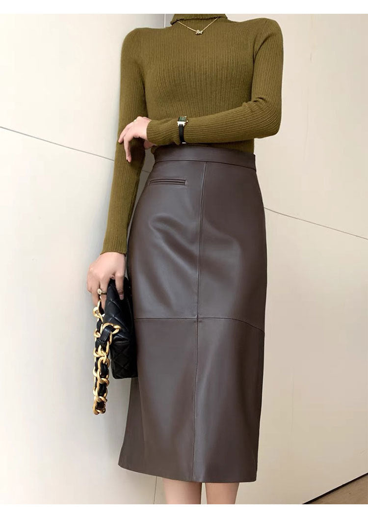 High waisted genuine leather midi skirt