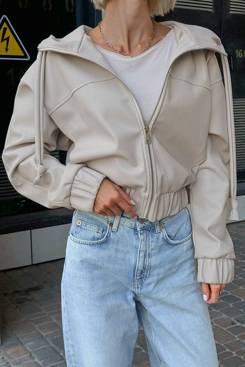 Faux Leather Hooded Jacket Women Zip-Up Street Casual