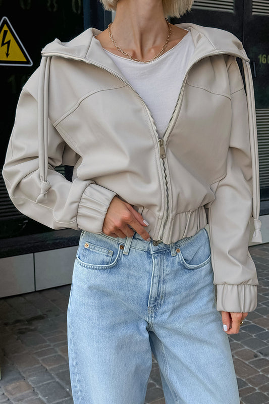 Faux Leather Hooded Jacket Women Zip-Up Street Casual