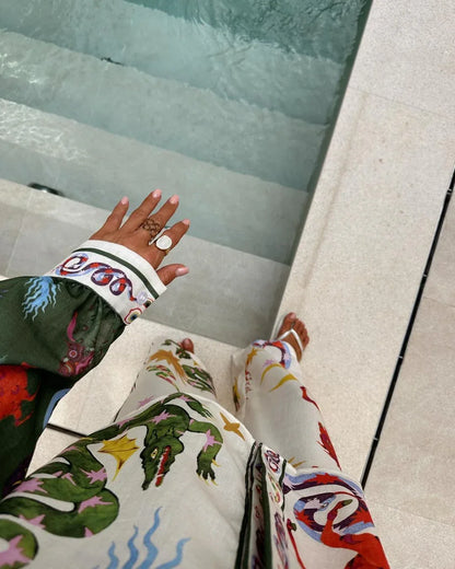 Printed macaron linen long sleeve two piece set