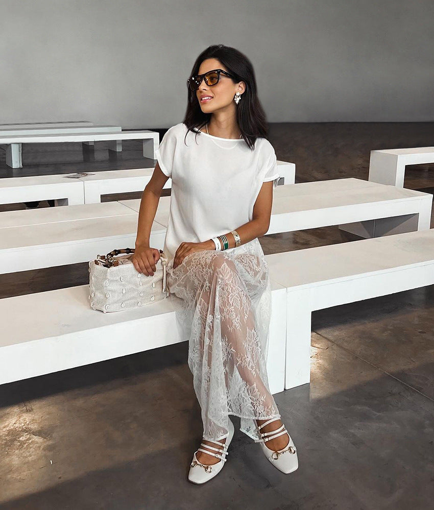 Women’s White Lace Jacquard Midi Skirt  See-Through