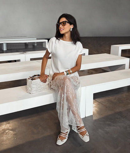 Women’s White Lace Jacquard Midi Skirt  See-Through