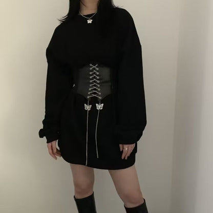 Black Butterfly Chain Faux Leather Elastic Waist Belt