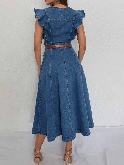 Women’s Denim Dress Midi Ruffled Shoulders