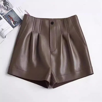 High waisted sheepskin leather shorts for summer women Brown S