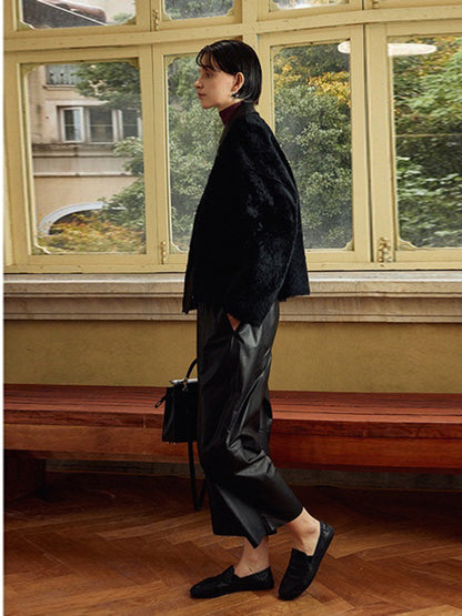 Women Leather Baggy Pants Retro Elastic Waist Loose Fit
