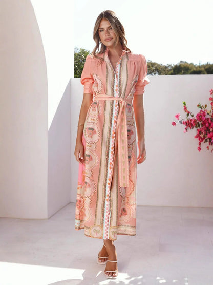Peach print linen waist tie women maxi dress