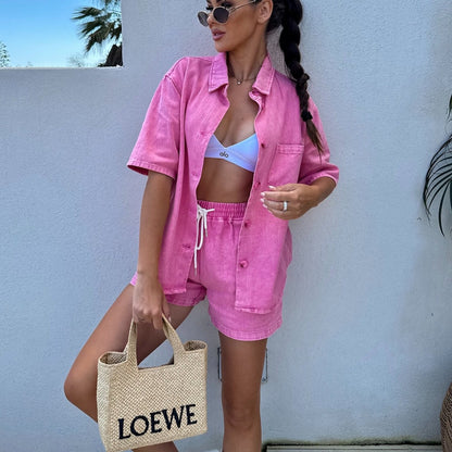 Pink Denim Two Piece Short Set for Women
