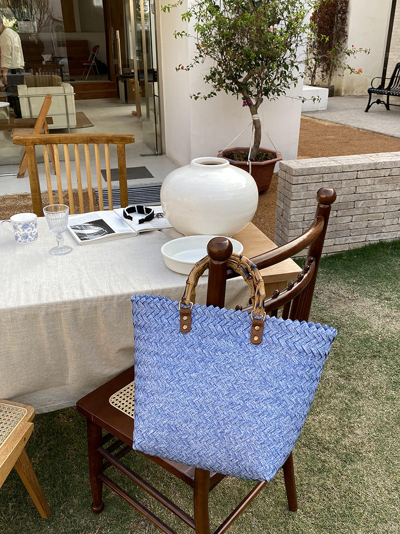 Woven Summer Tote Bag With Bamboo Handle