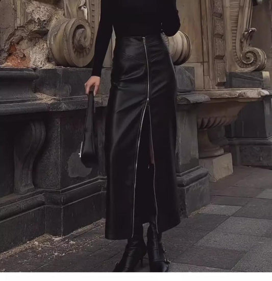 Black Leather Pencil Skirt with High Slit