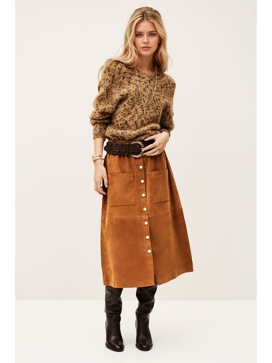 Corduroy Midi Skirt High Waist Button Front Brown A-Line