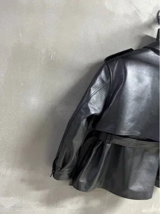 Moto Bomber Women Leather Jacket with Belted Waist