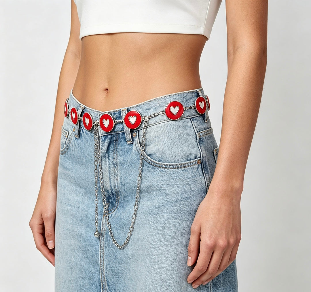 Women’s Red Enamel Heart Waist Chain with Draped Detail
